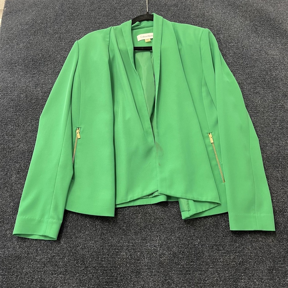 Calvin Klein Blazer Jacket Womens 10 Green Open Front Zip Pockets Lined Career‎